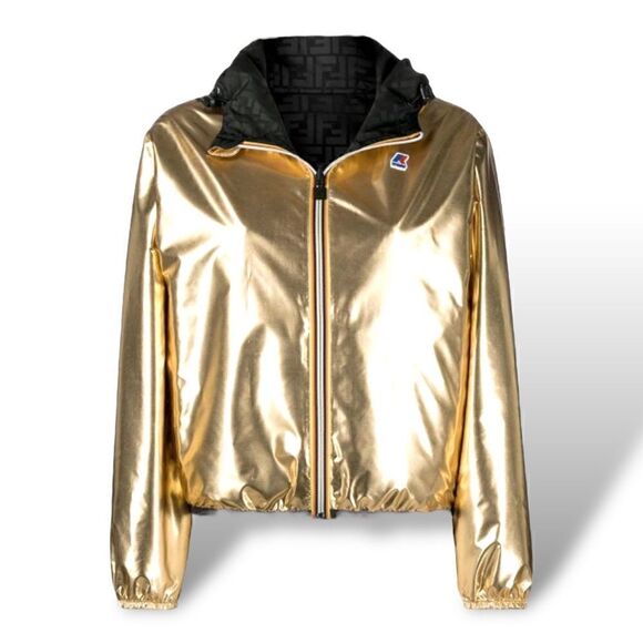 Fendi x K-Way Gold-Tone/Black Zucca Printed Reversible Nylon Windbreaker - Picture 5 of 9